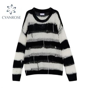 2021 Knitted Sweater Pullover Women Cardigan O-neck Long Sleeve Oversize Top Autumn Spring Female Jumpers Stripe Tide Streetwear