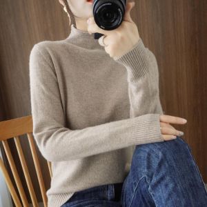 Ailaile Women Knitted Bottoming Sweater New Half Neck Wool Basic Pullover Long Sleeve Threaded Cuffs Autumn Winter Loose Tops