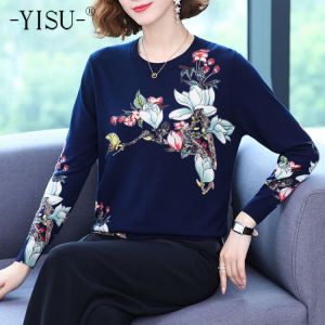 YISU 2021 Spring Autumn Wool Pullover Sweater Women High Quality Loose Knitted Sweaters Jumpers Female printing sweater Women