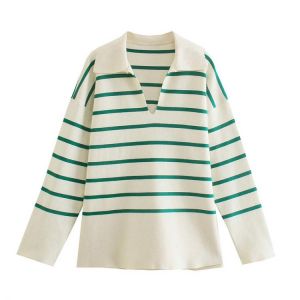 Za Woman 2021 Spring Autumn Green White Striped Oversize Sweater Knit Loose Casual Pullover V Sailor Neck Long Sleeve Classic