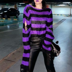 y2k Punk Gothic Long Sweater Women's Loose Hollow Knitted Sweater Oversized Striped Ripped Pullover Aesthetic Jumper Loose To