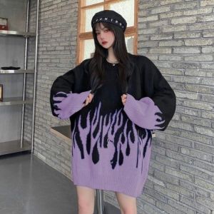 High street fashion brand BF printing flame sweater hot sale net red new round neck loose sweater women flame plus size sweater