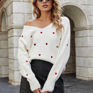2021 New  Sweater Women Clothing Embroidery Heart Patchwork Slim White Jumper Knitwear Casual Autumn Winter Pullover Knitted