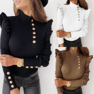 Autumn Winter Women Long Sleeve Rib Blouse Turtleneck Buttons Ruffle Sweater Women's Clothing свитера женские 2