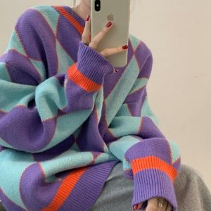Contrast diamond check sweater women's Pullover autumn and winter new loose retro lazy wind knitted purple coat fashion