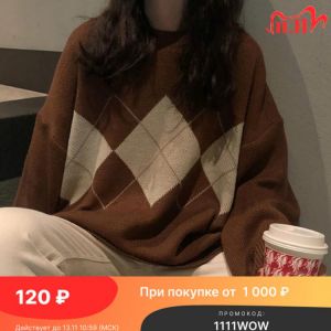 Knitted Sweater Women Oversized Argyle Sweater Pullovers Winter Loose Sweater Korean College Style Women Jumper Sueter Mujer
