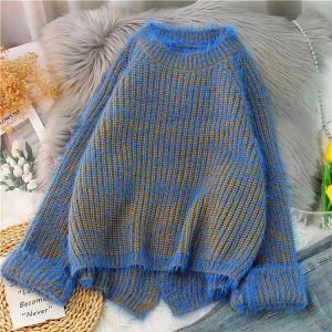 EBAIHUI Mohair Sweater Women Solid Blue O-neck Pullover 2021 New Kpop Jumper Knitted Top Harajuku Split  Loose Chic Sweaters