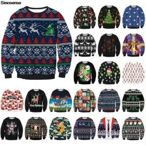 3D Christmas Tree Reindeer Santa Printed Ugly Christmas Sweater Women Men Holiday Crewneck Sweatshirt Pullover Funny Xmas Jumper