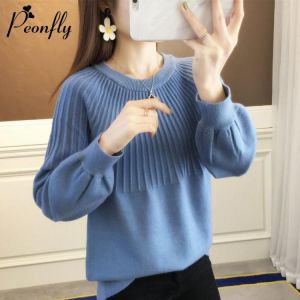 Peonfly Women's Sweater 2020 Autumn Winter Knitted Pullover Casual Lantern Sleeve Women Tops Casual Solid Jumper Blue Green