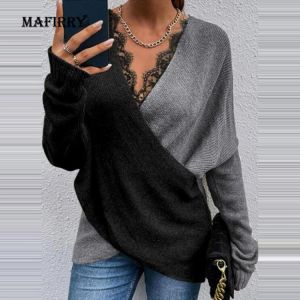 Sexy Women V Neck Criss Cross Patchwork Sweater Autumn Casual Loose Long Sleeve Pullovers Female Solid Lace Knitted Jumper Tops