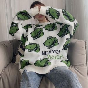 Y2K trendy brand dinosaur sweater women loose outer wear 2021 autumn and winter new hedging Korean style lazy couple jacket C086