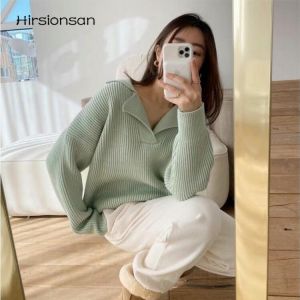 Hirsionsan Oversized Loose Elegant Knitted Sweater Women Solid Turn-down Collar Pullovers Female Casual Thick Autumn Winter Tops