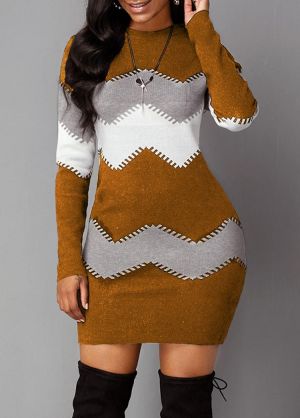 2021 Winter Long-sleeved Dress Women Fashion O-neck Wave Striped Casual Sexy Slim-fit Mini Dress Ladies Vintage Sweater Dress