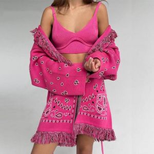 Y2K Print Pink Long Sleeve Top Cardigan Sweater Women Fall 2021 Fashion Belt White Tassel knitted Oversized Sweater Cardigan