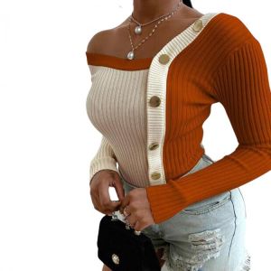 Women Fashion Elegant Knitted tops Long sleeve Cold Shoulder Sexy Casual Slim Buttons Top Femme Ladies Solid Sweater Clother