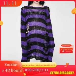 Halloween 200 Gothic Knitted Sweater Women Long Pullovers Striped Loose Winter Ripped One Size Sweaters Jumpers Mujer Jersey