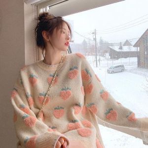 Loose Flocking Cute Jacquard Pattern Sweater Women Korean Style Loose Lazy Style Top All-match Casual Trend Lady Long Sleeve