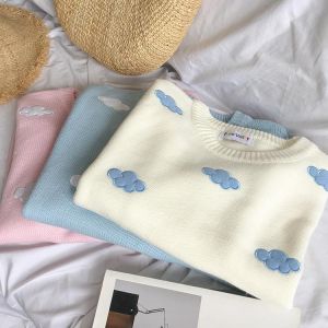 cute Clouds Korean style 2021 Women's Sweater Kawaii Loose Thick Harajuku Clothing For Women long sleeve vintage knitted swea