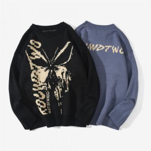 Y2k Hip Hop Knitwear  2021 Harajuku Fashion Butterfly Male Loose Tops Casual Streetwear Pullover Sweaters Long Sleeve Knitwear