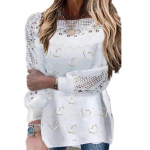 Round Neckline Geometric Loose Regular Sweater Lace Shift