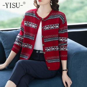 YISU Loose Sweater Cardigan Women O-Neck Top Female Casual Single breasted printing Autumn Winter New Knitted Women Cardigan
