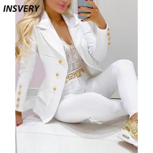 2021 Spring Autumn Women Suit Fashion 2 Piece Sets Long Sleeve Button Blazer Jacket Pants Sets Female Outfits Office Suit Cloth