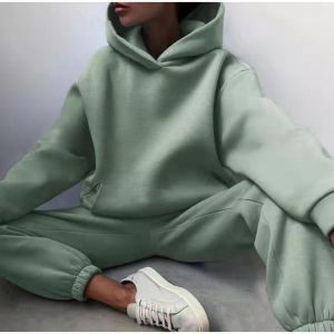Women's Tracksuit Casual Solid Long Sleeve Hooded Sport Suits Autumn Warm Hoodie Sweatshirts and Long Pant Fleece Two Piece S