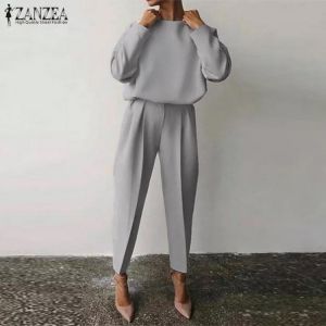 2PC Women Autumn Sets ZANZEA Fashion Long Sleeve Blouse Casual High Waist Long Pants Solid Matching Sets Loose Tracksuits Robe