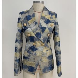 TOP QUALITY Stylish 2021 Designer Blazer Women's Lion Buttons Double Breasted Colo Block Jacquard Blazer Jacket Outer Wear