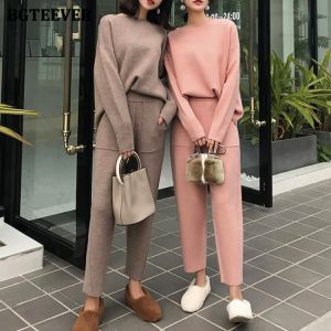 BGTEEVER 2021 Winter Casual Thick Sweater Tracksuits O-neck  Jumpers & Elastic Waist Pants Suit Female Knitted 2 Pieces Set