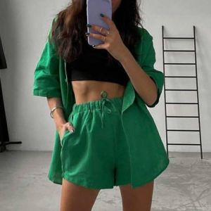 Summer Casual Tracksuit Women's Shorts Suits Green Streetwear Short Sleeve Shirt Tops Loose Drawstring Mini Shorts Two Piece 