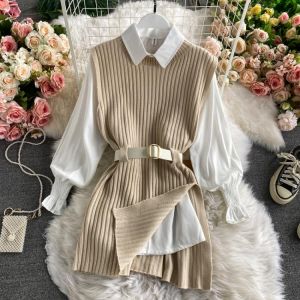 2021 spring autumn women's lantern sleeve shirt knitted vest two piece sets of College style waistband vest two sets top UK90