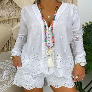 Summer White Two Piece Set Women 2021 Casual Shorts Sets Long Sleeve Elegant Drawstring Shorts V-Neck Plus Size Shorts Mujer Set