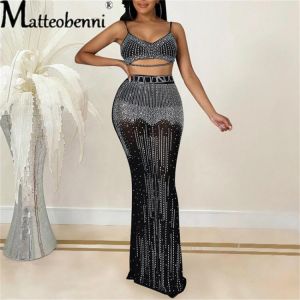 Two Piece Skirt Sets Club Party Mesh Sheer Diamonds Sexy Straps Crop Top Maxi Skirt Set Girl Streetwear Fashion Women Outfits