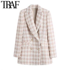 all in one place בגדי נשים TRAF Women Fashion Tweed Double Breasted Blazer Coat Vintage Long Sleeve Flap Pockets Female Outerwear Chic Veste Femme