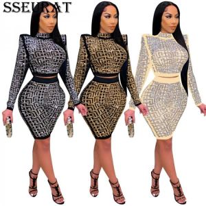 SSEURAT   Women Set Diamonds Half High Collar Long Sleeve Crop Top Knee Length Pant Two Piece Set  Sexy Club Suit