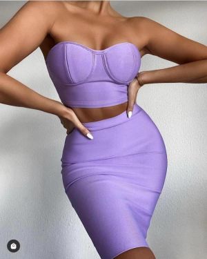 Hight Quality Sexy Black Purple Green Off Shoulder Two Piece Bandage Set 2020 Elegant Femal Night Club Party Set Vestios
