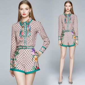 Runway Designer Ladies Letter Printed Khaki Two Pieces Set strap long Sleeve Blouse Shirts + Pocket Shorts Set