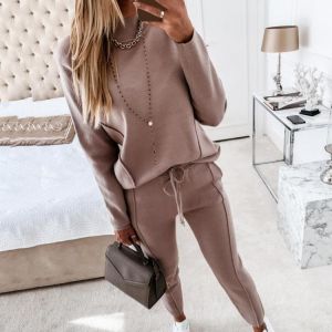 Women Elegant Solid Sets For Women Autumn Winter Two Piece Set Outfit Long Sleeve Blouse Top Drawstring Pants  Sweatshirt Suits
