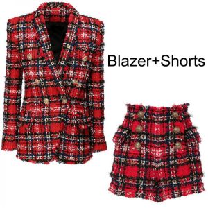 Short Suits Red Plaid Tweed Blazer Shorts Women 2021 Long Sleeve Double Breasted Gold Button Shawl Collar Woolen Blazers Jackets