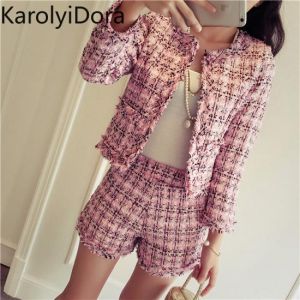Women's suit 2020 Spring Tweed 2 Piece Set Women Slim Plaid Short Set Fashion Fringed Trim Jacket Coat + Tassels Short Suit