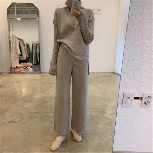 Alien Kitty  Women Casual Two-Pieces Siut Sets Solid Knit Turtleneck Elegant Wide Leg Pant Fashion Sweater  Female Office Lady