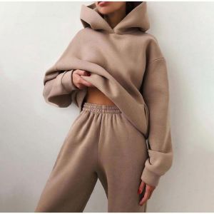 New Tracksuit Women Elegant Solid Suits Fleece Warm Hoodies 2 Piece Set  Autumn Winter Fashion Oversized Sweatshirts Tracksuit