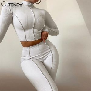 Cutenew Autumn Solid Two Piece Set Women's Outfits Half High Collar Long Sleeve Crop Top+Skinny Leggings Lady Casual Sporty S