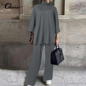 Celmia 2021 Fashion Women 2 Pieces Autumn Pant High Set Collar 3/4 Sleeve Tops and Wide Leg Long Pants Casual Loose Solid Suits