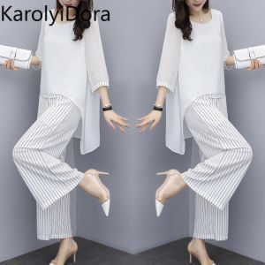 Chiffon Pantsuits Women Pant Suits For Mother of the Bride Outfit 2021 Formal Wedding Guest Striped Wide Leg Loose 3 Piece Sets