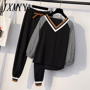 JXMYY 2021 Women Two Piece Set Spring Long Sleeve  T Shirt+ Long Pants Casual Women Tracksuit Set 5XL