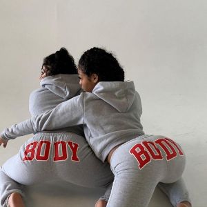 Hirigin Women 2 Piece Outfits Jumpsuit Hoodies Set Body Letter Printed Casual Sport Autumn Long Sleeve Pure Female Set  2021 New
