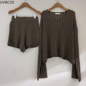 Japanese Style Fashion 2 Piece Women Outfits Long Sleeve Pullover High Waist Short Wide Leg Pants Elegant Lady Office Suit Knit