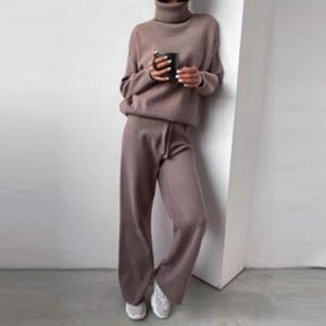 Solid Two Piece Set Women Turtleneck Long Sleeve Top Pullover Casual Long Pants Suit Female Autumn Homewear Outfits Tracksuit